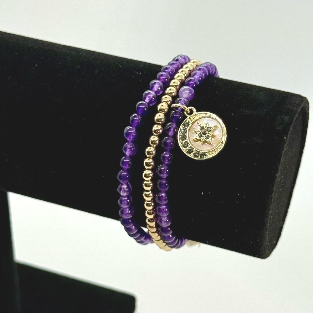 Spring Street Purple Amethyst Gold Beaded Stretch Bracelet Set Inspire Moon Star